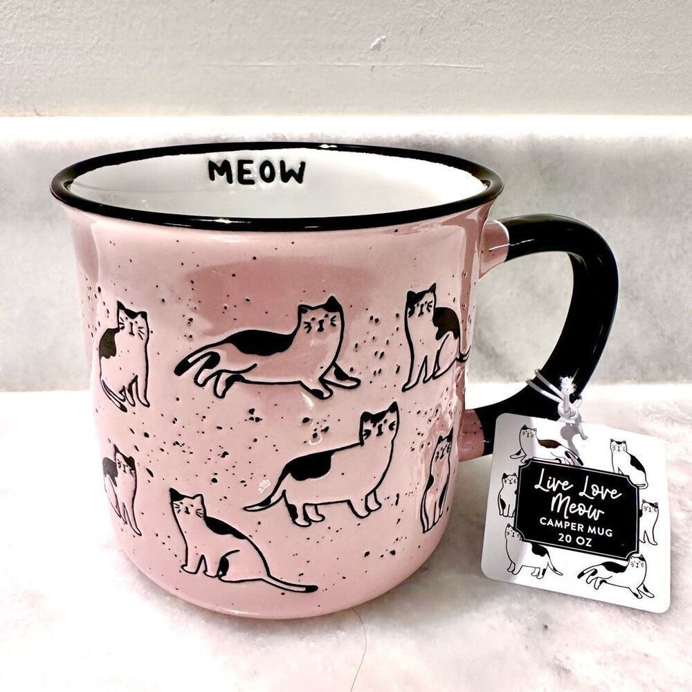 NWT RARE & Unique Camper Mug Live Love Meow Cat Person Ceramic Coffee Mug Pink 2